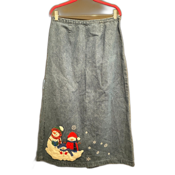 Vintage Westbound Denim Snowman Skirt Jean Holiday Winter Size 10 - Picture 2 of 5